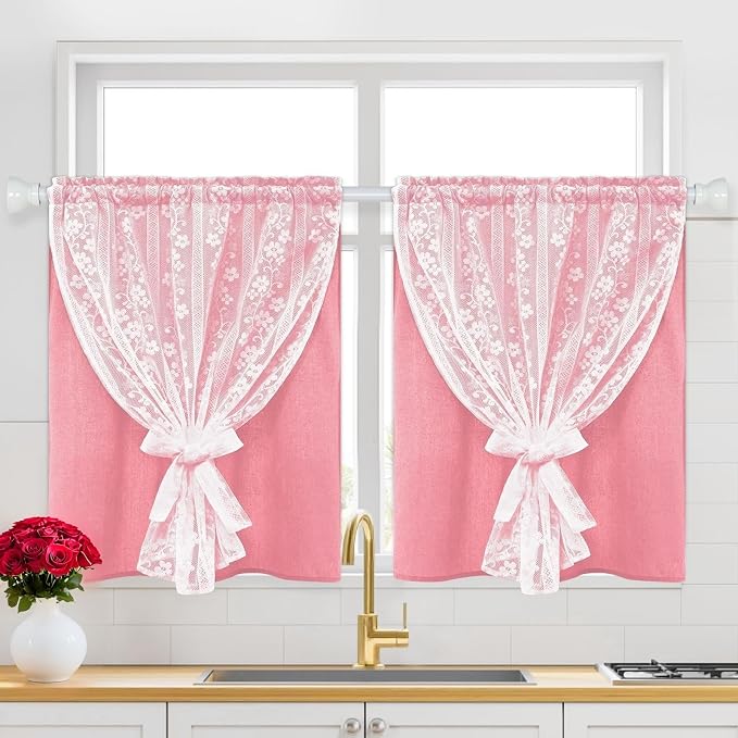 ASPMIZ Pink Kitchen Curtains Double Layer Curtains with Linen Lace, Linen Kitchen Window Curtain 36 inch Length, Farmhouse Tier Curtain with 2 Tiebacks, Rod Pocket Window Treatments for Cafe Bathroom