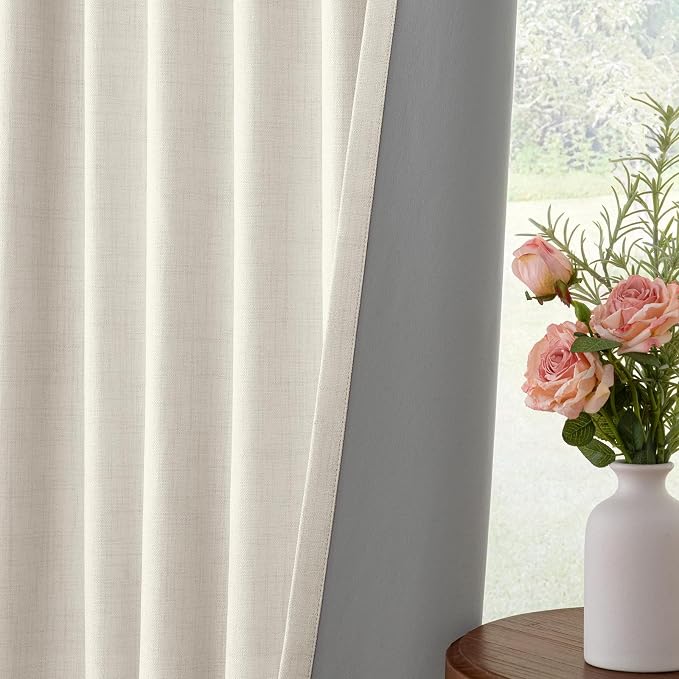 INOVADAY 100% Blackout Curtains for Bedroom, Beige White Black Out Curtains 102 Inch Long, Clip Rings Linen Blackout Drapes, Thermal Insulated Room Darkening for Living Room, 2 Panels - W50xL102