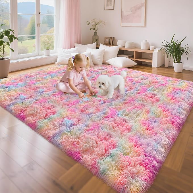 Cute Unicorn Rug for Girls Bedroom, 6x9 Plush Fluffy Princess Rainbow Area Rug for Girls Room Soft Big Shag Carpet for Living Room Baby Toddler Kids Room Colorful Kawaii Room Decor