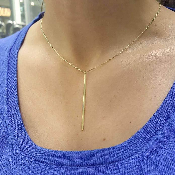 Personalized 14k Gold 5CM Thin Vertical Bar Necklace - Custom Engrave Name Date Coordinate Pendant for Men Women, Memorial Gift