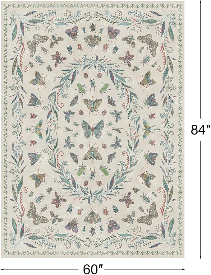 5x7 Beige and Green Nursery Rug - Colorful Rug for Playroom, Bedroom, Living Room, Insect Butterfly Floral Non-Slip Soft Carpet