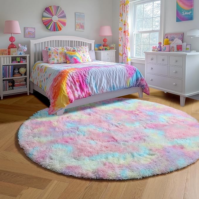 Amdrebio Rainbow Fluffy Round Rug 6Ft Kids Rugs for Girls Bedroom, Unicorn Room Decor, Colorful Pastel Plush Floor Carpet for Playroom Baby Nursery, Cute Shag Kawaii Circle Area Rug for Teen Princess