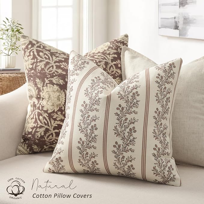 Vintage Throw Pillow Covers 16x16 Set of 2, Striped Floral Pillow Cover Botanical Patterned Decorative Cushion Covers Modern Farmhouse Home Decor for Sofa Couch Bed Living Room, Almond