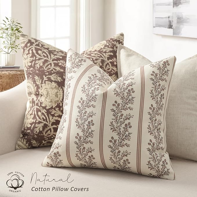 Vintage Throw Pillow Covers 12x20 Set of 2, Striped Floral Pillow Cover Botanical Patterned Decorative Cushion Covers Modern Farmhouse Home Decor for Sofa Couch Bed Living Room, Almond
