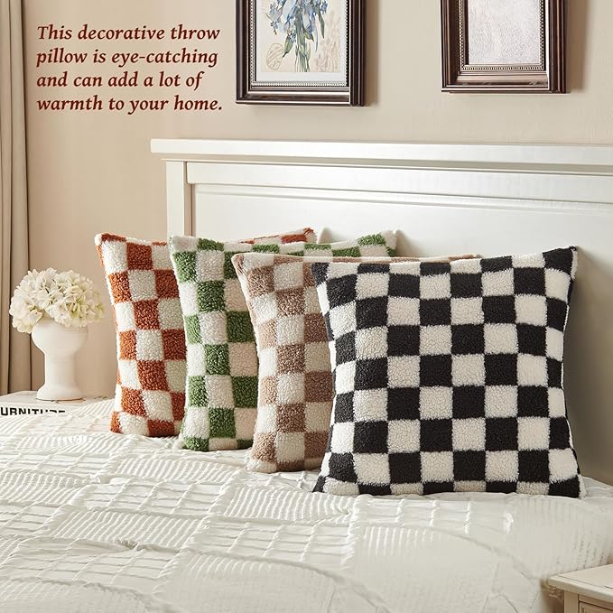 AmHoo Pack of 2 Decorative Throw Pillow Covers Checkerboard Luxury Super Soft Faux Fur Wool Set Case Cushion for Couch Sofa Bedroom 26 x 26-Inch Burnt Orange