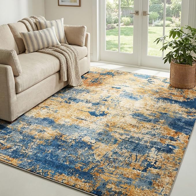 Washable Area Rug, Abstract Navy & Gold, for Entryway, 3'x5' | Stain Resistant, Ultra Soft, Low Pile, Non-Slip, 100% Cotton-Backed with Silicone Backing, Pet & Kid Friendly, Foldable