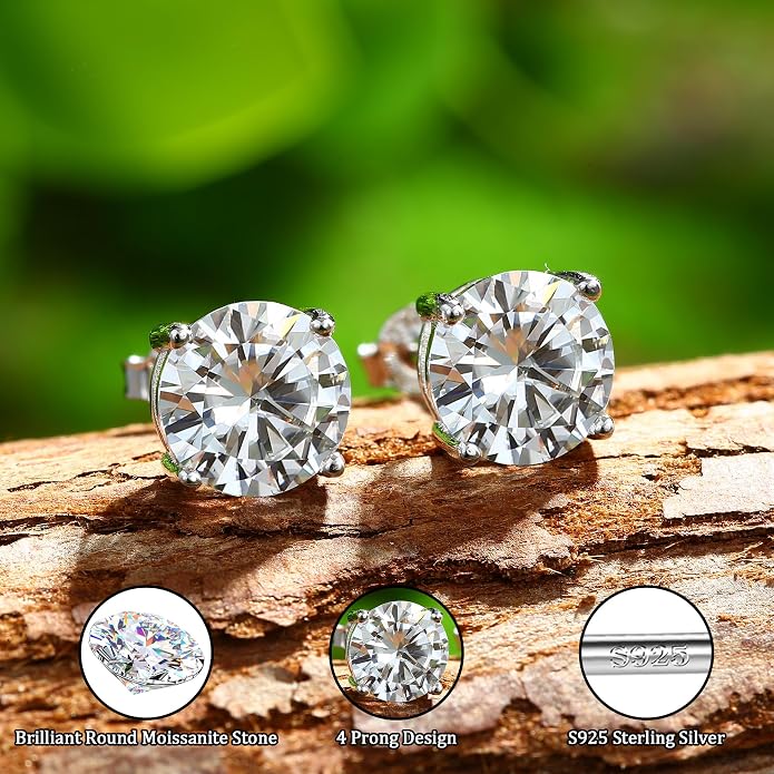 Moissanite Stud Earrings : 18K White Gold Plated Solid 925 Sterling Silver Earring Hypoallergenic Dainty Flat Back Stud Earrings Jewelry for Women Men D Color VVS1 Clarity