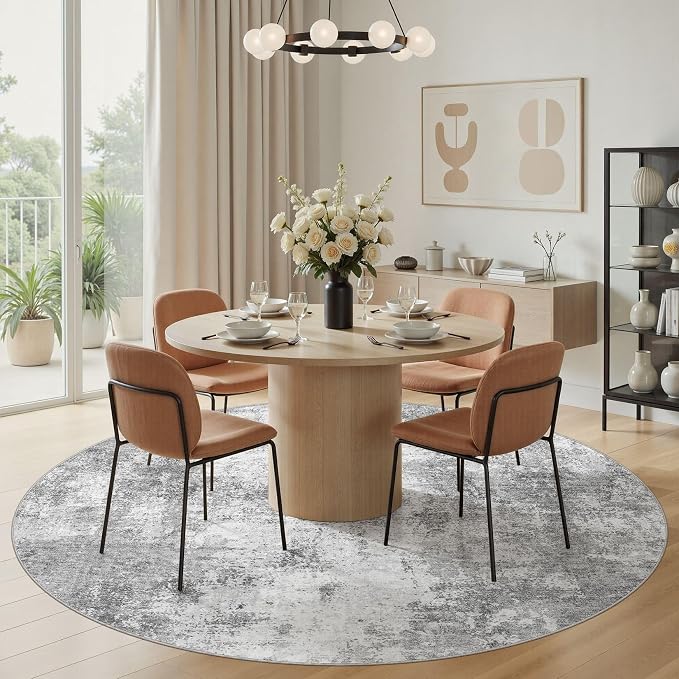 8ft Round Area Rugs for Living Room, 8x8 Washable Non Slip Soft Large Rugs for Bedroom Dining Room, Modern Abstract Low Pile Stain Resistant Carpet for Laundry Office Home Decor - Gray