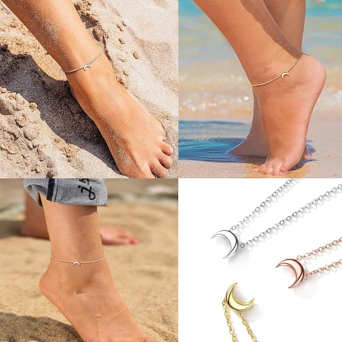 ChicSilver Personalized 925 Sterling Silver Tiny Heart/Moon/Star/Sun/Dot/Triangle Anklets Simple Dainty Foot Jewelry for Women, Silver/Gold Plated/Rose Gold Plated