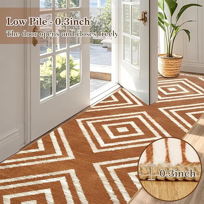 Boho Hallway Runner Rugs 2.6x14ft Non Slip, Long Brown Washable Entryway Rug Runners Non Shedding, Geometric Kitchen Floor Carpets for Doorway Entrance Farmhouse Living Room Home Decor