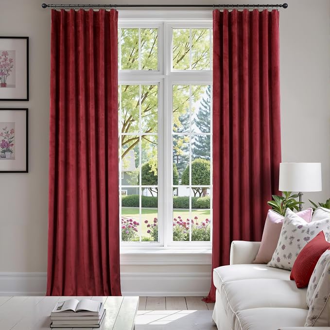 Dark Red Velvet Curtains 96 Inches Long 2 Panels for Living Room Darkening Thermal Soundproof Thick Heavy Solid Textured Drapes for Master Bedroom Patio Door Doorway Room Dividers Decoration Burgundy