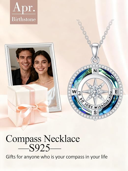 TOUPOP Necklace Gifts for Wife Compass Jewelry Women Anniversary Girlfriend Birthday Gift for Her Valentines I'd be Lost without You Sterling Silver Birthstone Necklaces