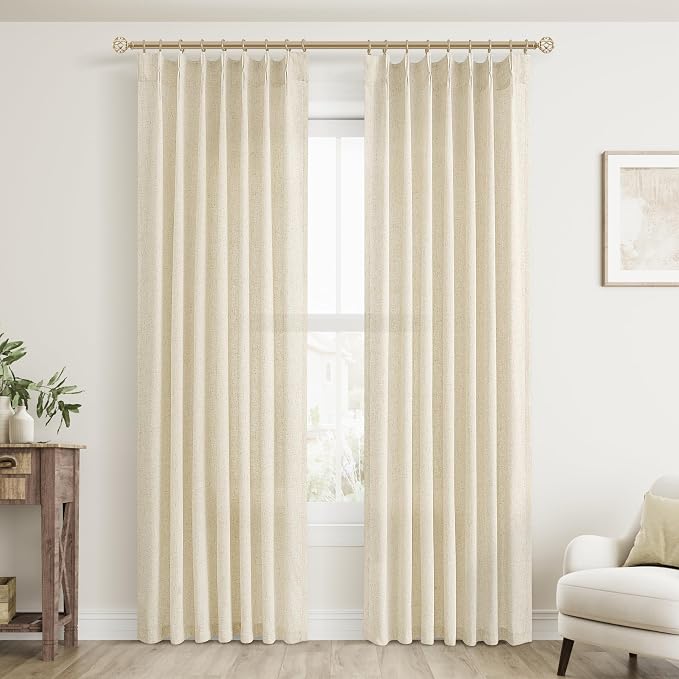 Aersas Beige Pinch Pleated Linen Curtains 84 Inch Length 2 Panels for Living Room Bedroom Cream Semi Sheer Window Curtain Boho Neutral Back Tab Pinch Pleat Drape with Hooks 84 Inches Long
