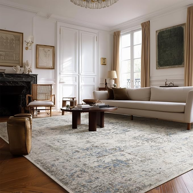 Machine Washable Rugs for Living Room: 8x10 Area Rugs for Bedroom Ultra Soft Non-Slip Low Pile Vintage Distress Boho Large Carpet for High-Traffic Dining Room - Farmhouse Decor