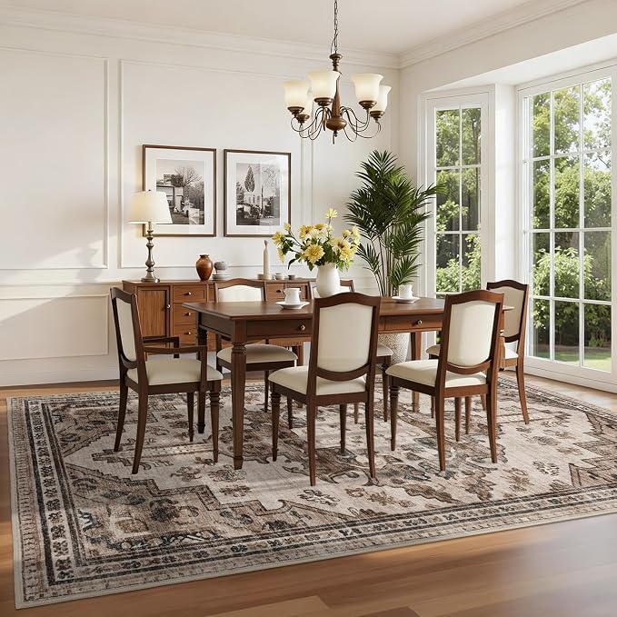 Joydeco 6x9 Area Rugs for Living Room Vintage, Light Coffee | Non Slip Machine Washable Low Pile for Bedroom Dining Room Home Office Pet & Child Friendly