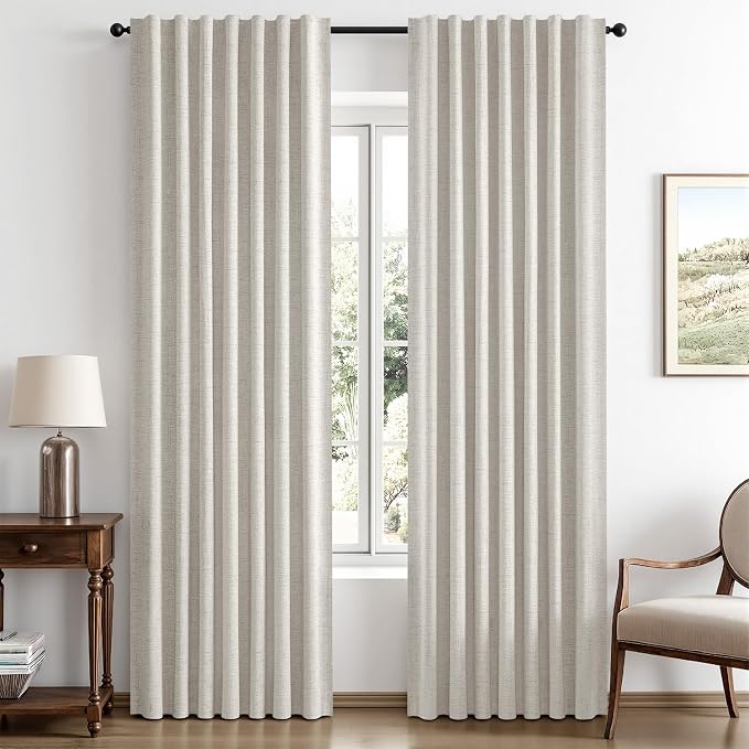 MIULEE 100% Blackout Linen Curtains 42 x 90 Inch Cream White 2 Panels | Thermal Insulated, Room Darkening Drapes for Bedroom Living Room, Back Tab Rod Pocket Pinch Pleated, Solid Luxury Decor