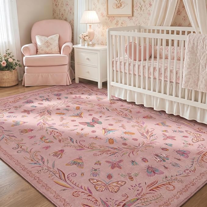 Lunasun Cute Rugs for Bedroom Girls - Pink Living Room Rugs 8X10, Dining Room Table, Washable Pastel Flower Insect Print Whimsical Décor