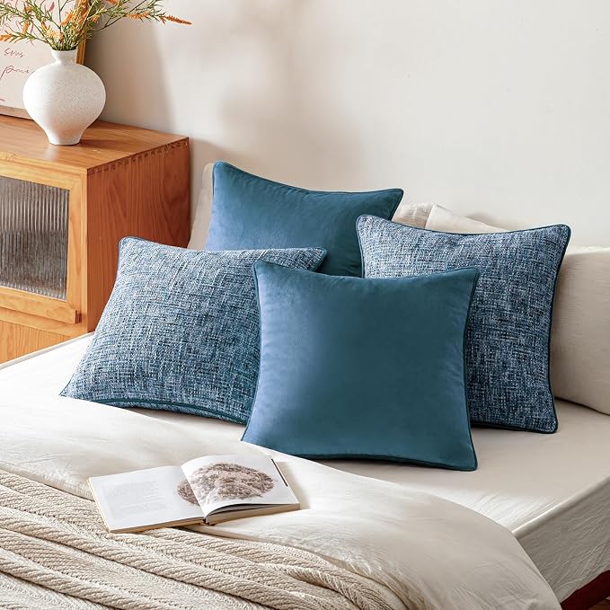a moment Blue 4 Pack Throw Pillow Covers - Chenille & Velvet Set with Piping, Farmhouse Textured Design Cushion Cases for Couch Sofa Bed (18x18 Inch, No Insert)