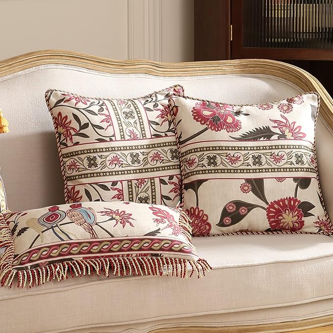 patdrea Designer Vintage Linen Throw Pillow Cover,Set of 4-Schumacher | Elegant Decorative Pillow Case,Bird Pattern with Tassel Pendant,Cushion Coverfor Couch Living Room Bedroom Sofa