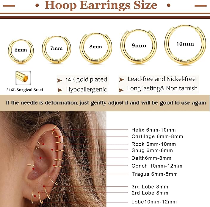 LOLIAS Small Hypoallergenic Flat Back Stud Earrings for Women Men 14K Gold Plated Surgical Stainless Steel Earring Sets Tiny Screw Back Cartilage Earrings for Sensitive Ears