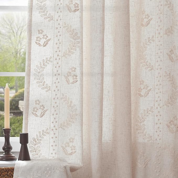 jinchan Floral Lined Linen Curtains 96 Inch Rod Pocket 2 Panels Ivory | Embroidered curtains,privacy lining,boho curtains,light filtering,living room,bedroom,flower patterned,window treatment
