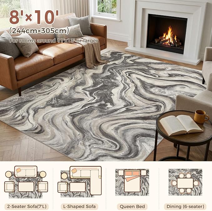 DMOYEST 8x10 Area Rug for Living Room:Washable Modern Neutral Abstract Rug with Low Pile Non Slip Soft Thin Large Indoor Carpet for Bedroom Dining Room Home Office Decor-Ash Grey