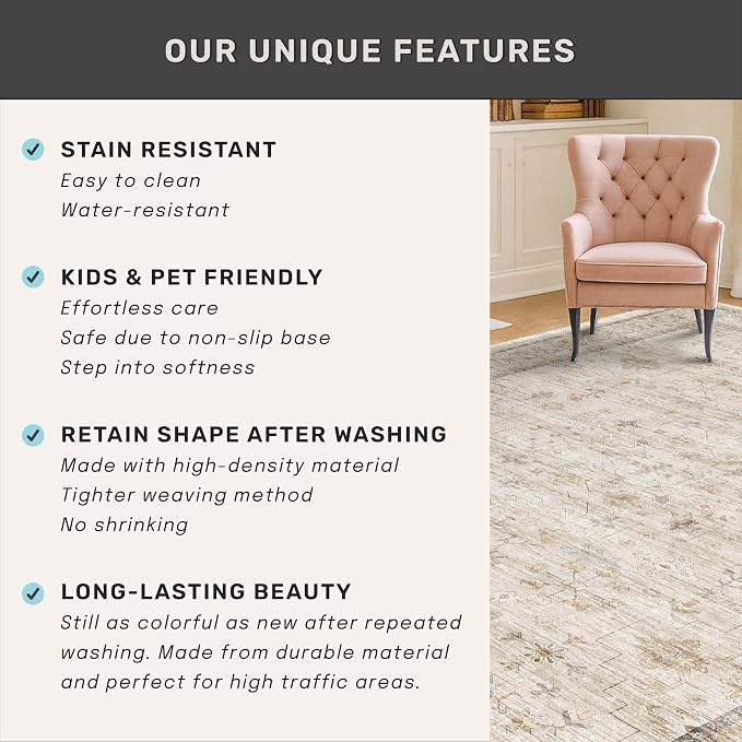 Hazo Haus Washable Ivory Beige Living Room Rug, 8x12 Non Slip Area Rugs for Bedroom, Dining Room Under Table, Low Pile Neutral Farmhouse Vintage Foldable Décor