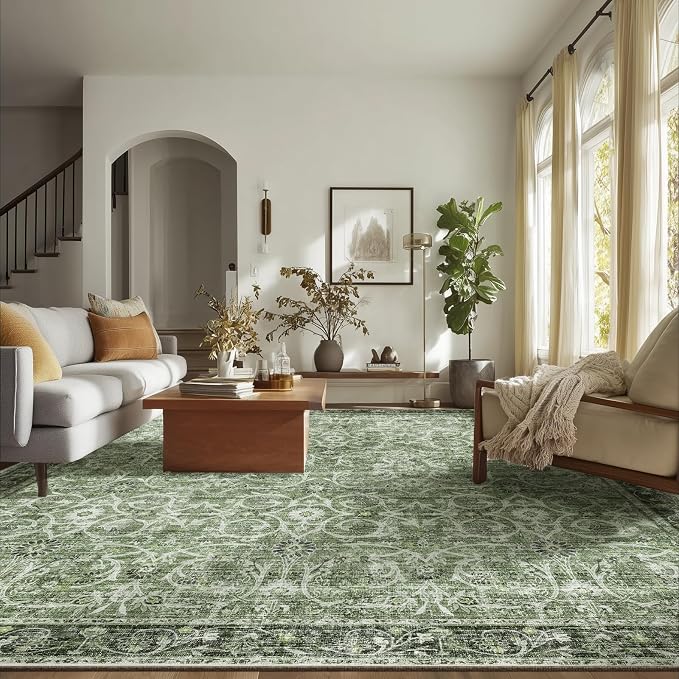 Washable Rugs for Living Room: 8x10 Area Rugs for Bedroom Ultra Soft Non-Slip Stain Resistant Vintage Boho Large Carpet for High-Traffic Dining Room - Farmhouse Decor
