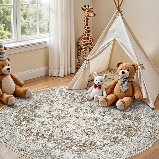 Tortania 4' Round Area Rug Living Room Rugs - Washable Boho Rug Vintage Oriental Distressed Farmhouse Large Thin Indoor Carpet for Bedroom Under Dining Table Home Office - Brown Blue