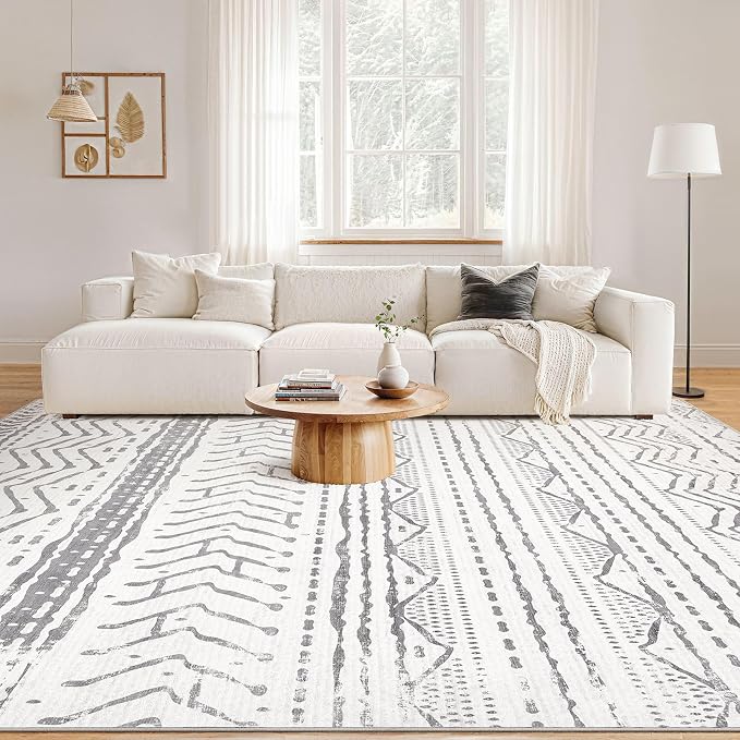 Nakagishi 5x8 Area Rug Living Room: Washable Boho Large Neutral Soft Rugs Farmhouse Stain Resistant Modern Indoor Non-Slip Carpet for Bedroom Nursery Kids Playroom Office Dining Room Dorm- Gray White