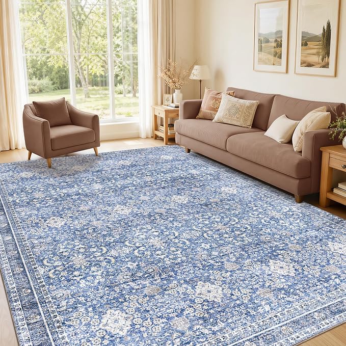 Sasttie 4x6 Area Rug, Ultra-Soft Washable Rug, Low Pile Foldable Thin Carpets with Non-Slip Backing, Skin-Friendly Stain Resistant Carpet for Living Room, Bedroom, Kitchen, Dorm, 4x6, Blue