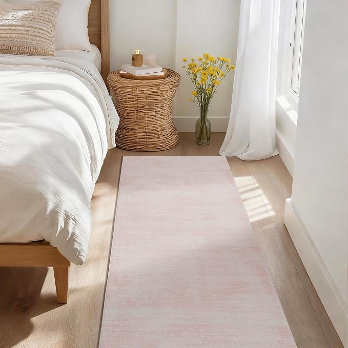BILEEHOME Pink Runner Rug for Bathroom 2x6 Low Pile Washable Abstract Rugs | Light Blush Ombre Carpet, with Non Slip Foldable, Modern Boho Cute, for Kitchen Hallway Bedroom, Hardwood Floor Protector