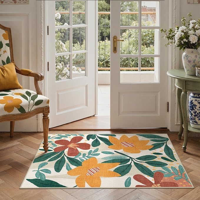 GENIMO 3x5 Outdoor Rug, Washable for Porch and Balcony, Teal Orange | Floral design for entryway; fade resistant chenille with quick-dry non-slip backing for indoor mudroom