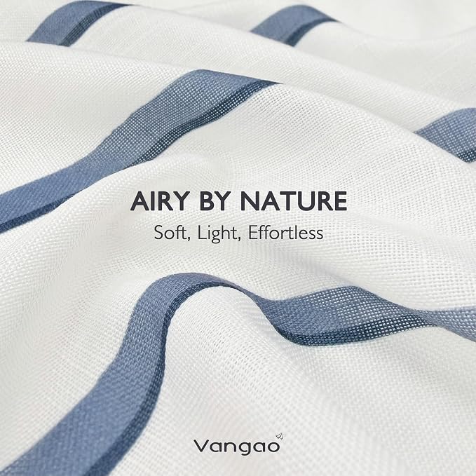 Vangao Striped Curtains Blue on White Semi Sheer Curtains 84 Inches Long for Living Room Bedroom Modern Farmhouse Linen Textured Light Filtering Drapes 2 Panels Blue W50 x L84 Inch
