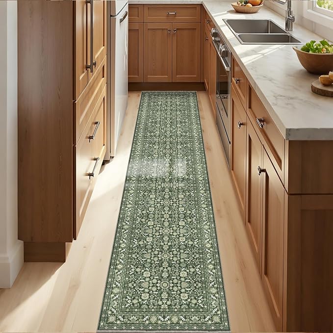 OPPODREAM Low-Pile Area Rugs, Faux Wool Carpet for Living Room, Kitchen, Office, Dorm, Bedroom, Vintage Washable Rug Non Slip, Dark Green, 2'x10'