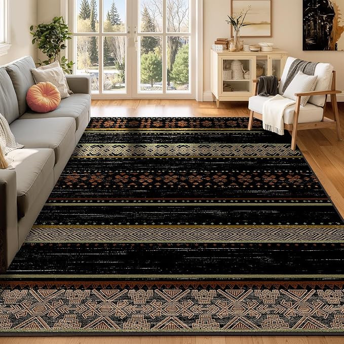 BESTSWEETIE 6x9 Area Rugs for Living Room Washable Moroccan Farmhouse Neutral Geometric Low Pile Non-Slip Soft Print Pattern Rug for Bedroom Kitchen Dining Room Entryway Black/Red/Brown/Cream/Yellow