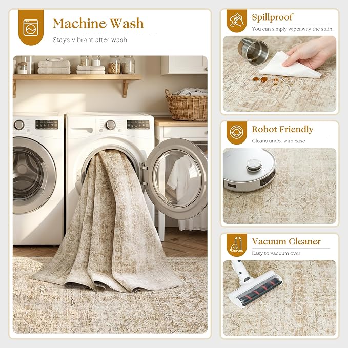 Beauoop 5x7 Washable Beige Neutral Vintage Large Area Rug for Living Room | Distressed Oriental Retro Traditional Non Slip Low Pile Thin Soft Indoor Rug Cream Pattern Bedroom Dining Room Office Nursery