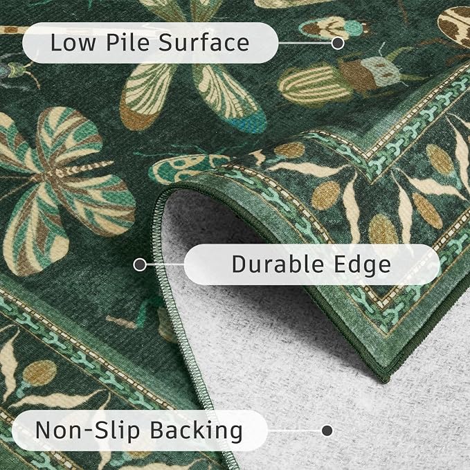 DCX 5x7 Washable Insect Rug, Vintage Gothic Dark Green Rug with Non-Slip Rubber Backing, Soft Low-Pile, Stain-Resistant, Kid & Pet Friendly, for Living Room, Bedroom, Office, and Nature-Themed Decor