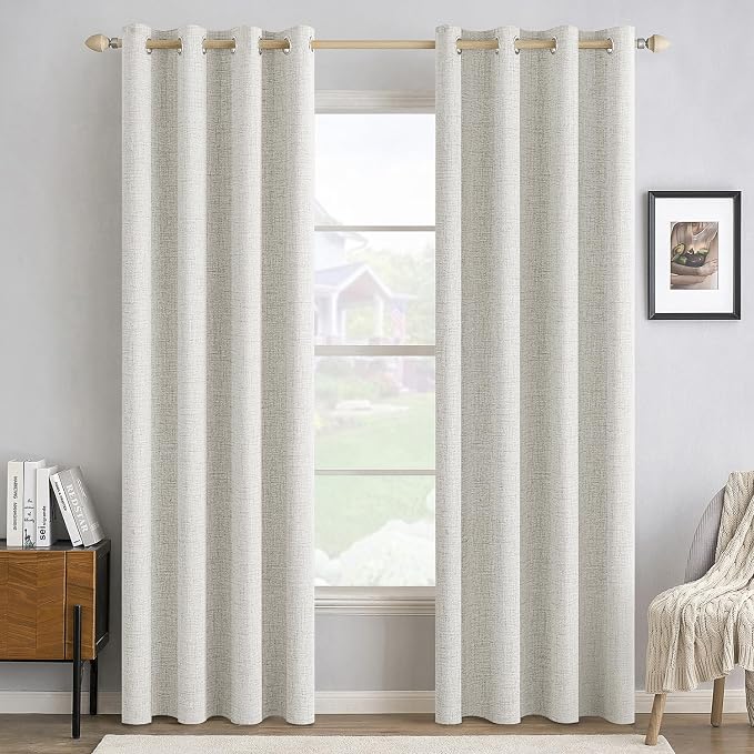 MIULEE 100% Blackout Linen Textured Curtains for Bedroom Solid Thermal Insulated Light Beige Grommet Room Darkening Curtains & Drapes Luxury Decor for Living Room 52 x 90 Inch (2 Panels)