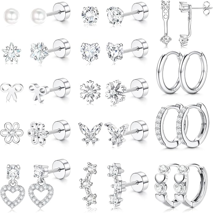 LOLIAS Hypoallergenic Flat Back Earrings for Women Girls-Surgical Stainless Steel Earrings for Sensitive Ears-Cute Flatback Stud Earring Set Small Hoops Cartilage Earring Stacks