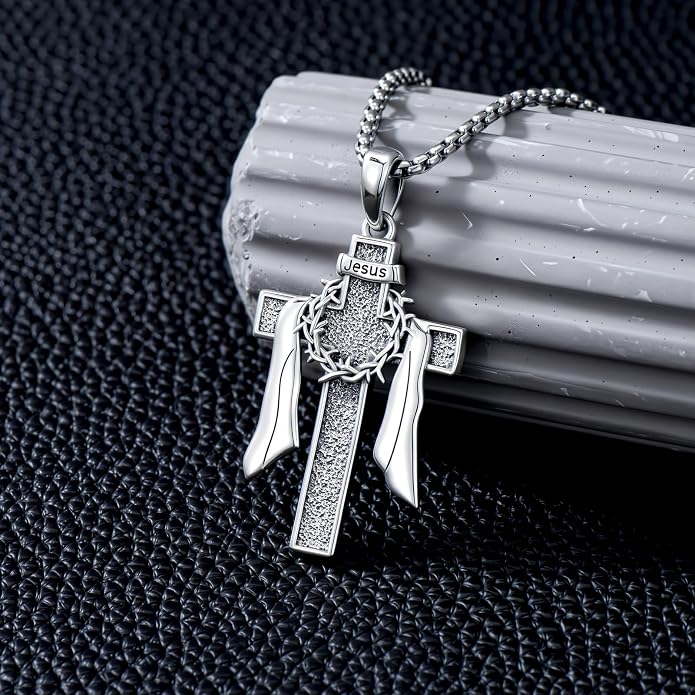 LEECCl Men's Necklaces 925 Sterling Silver Thors Hammer/Cross of Thorns/Bible/St. Michael Gothic pendant Religious Jewelry for Men Father