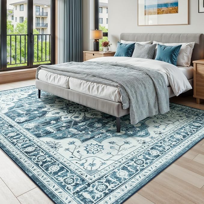 9x12 Coastal Blue White Large Area Rugs for Living Room - Boho Medallion Aesthetic Distressed Washable Rug, Soft Non-Slip Backing Low Pile Carpet for Dining Under Table, Bedroom, Office
