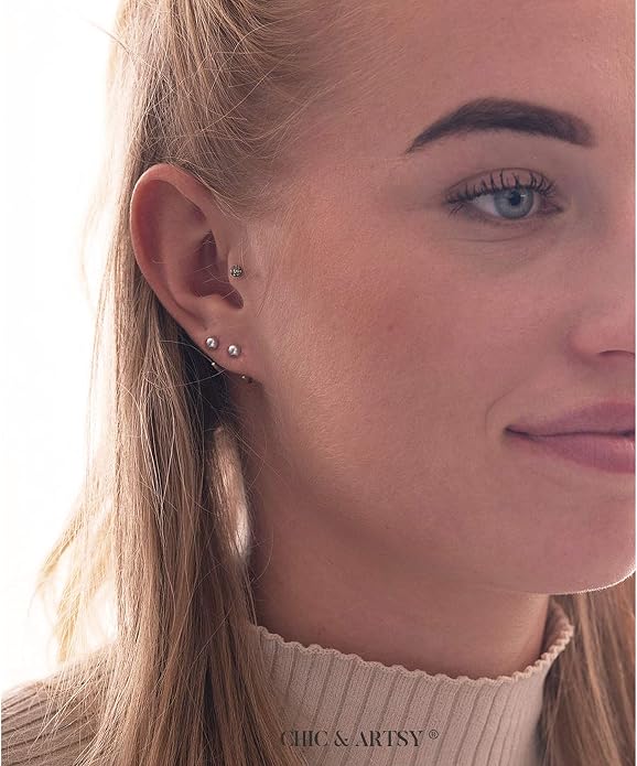 CHIC & ARTSY 925 Sterling Silver Half Hoop Earrings for Women, Small Huggie Hoops Set with Ball Bar Star Moon Cross & Pearl, Lightweight Comfort Fit Everyday & Sleep Earrings