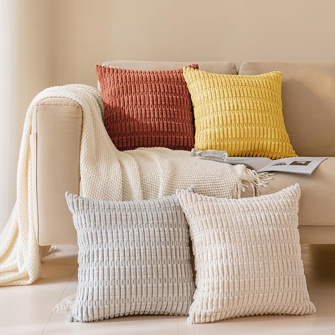 Softalker Corduroy Throw Pillow Covers 22x22 Set of 2, Soft Plush Decorative Square Cushion Cases for Living Room Couch Sofa, Modern Farmhouse Boho Home Decor, Orange