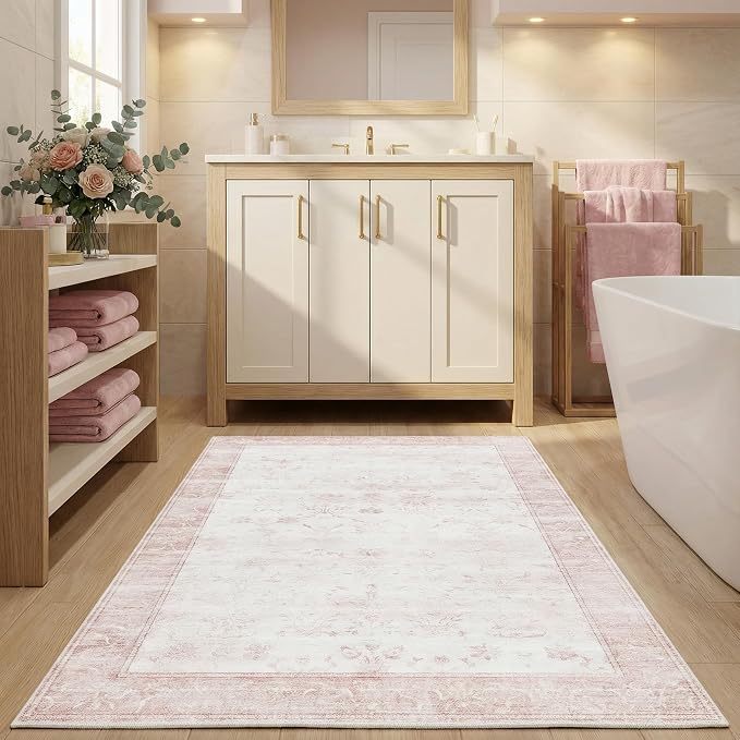 3'x5' Vintage Floral Nursery Rug - Ultra Soft Washable Area Rug for Baby Girl Room, 0.26" Low Pile Faux Wool Carpet for Bedroom Bedside - Non-Slip Silicone Backing, Pink & White