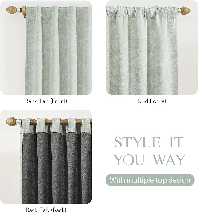 Beauoop Green Floral Jacquard Blackout Curtains for Bedroom 52x72 2 Panels | Flower Chenille Room Darkening Drapes for Living Room 72 Inch Long Thermal Insulated Soundproof Window treatment Rod Pocket