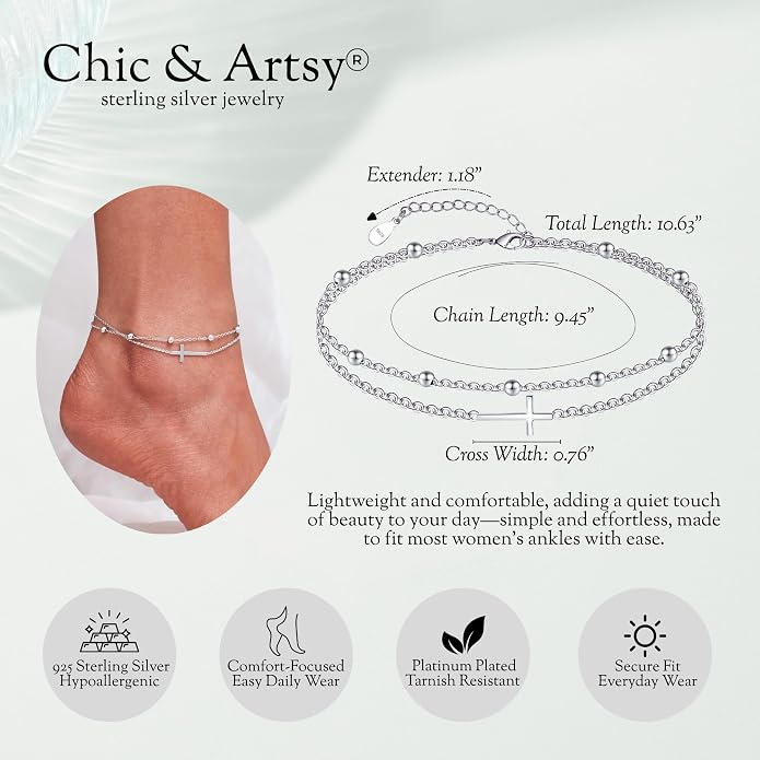 CHIC & ARTSY 925 Sterling Silver Ankle Bracelets for Women, Adjustable Layered Foot Chains with Nature & Symbol Charms, Lightweight Comfort Fit Boho Beach Everyday Jewelry
