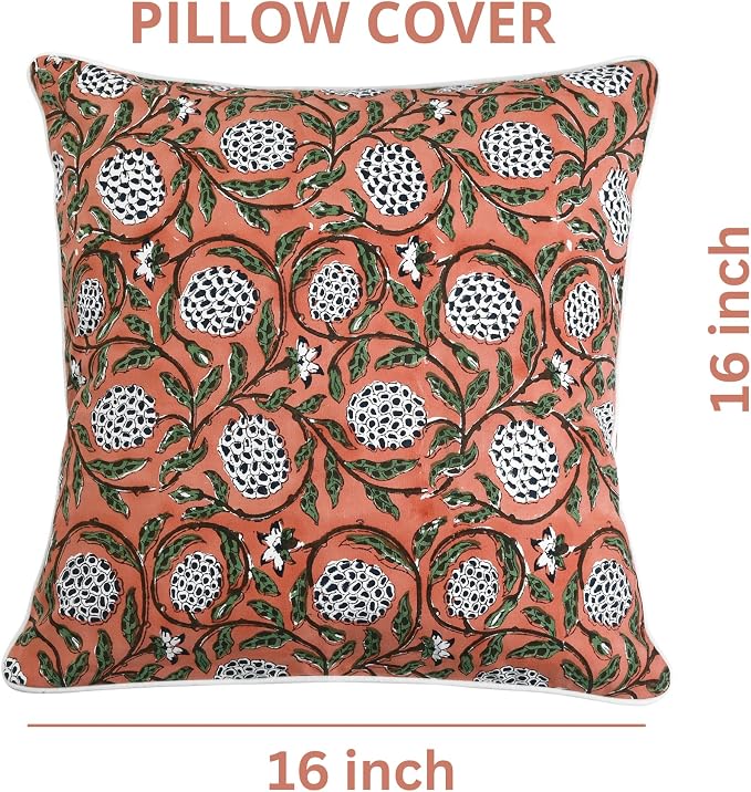 Ridhi Block Print Dark Salmon Pink Pillow Cover 16" x 16" (Pack of 2) Decorative Couch Pillows for Living Room, Chic Boho Cute Outdoor Pillows Covers Gifts for Spring, Easter and Valentine
