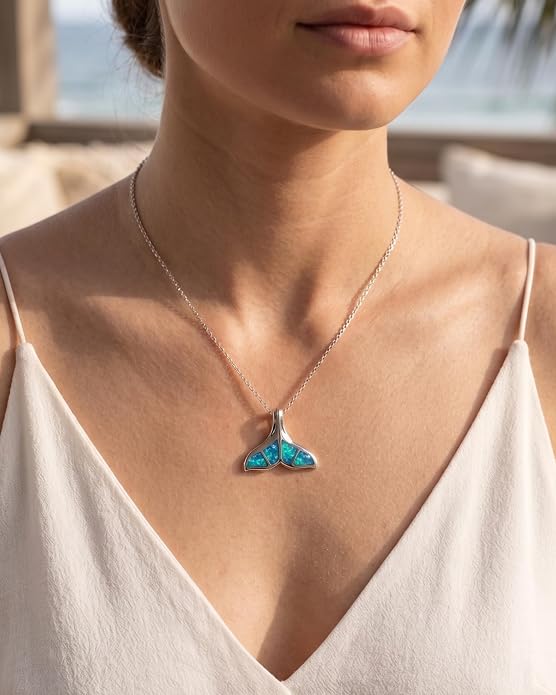 Created Blue Opal Ocean Necklace for Women, 925 Sterling Silver Pendant, 18 Inch Chain, Beach and Sea Life Jewelry Collection