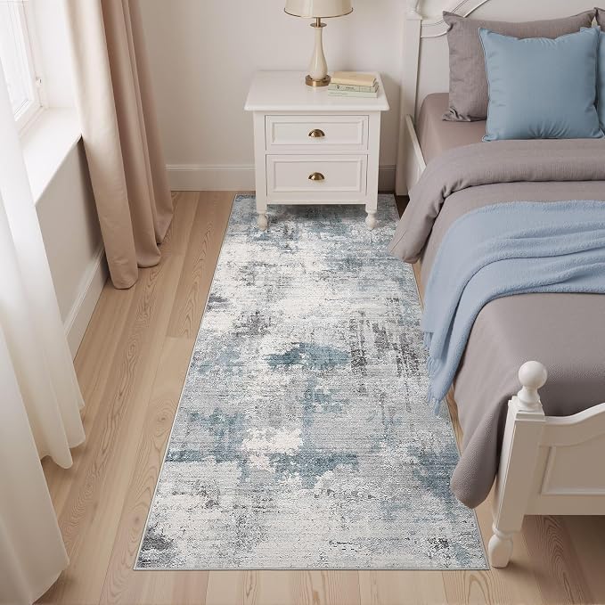Abstract 3x8 Runner Rug: Machine Washable Non Slip Ultra Thin Low-Pile Carpet, Soft Stain Resistant for Hallway Kitchen Bathroom, Kid Pet Friendly, Robot Vacuum Compatible - Grey Blue